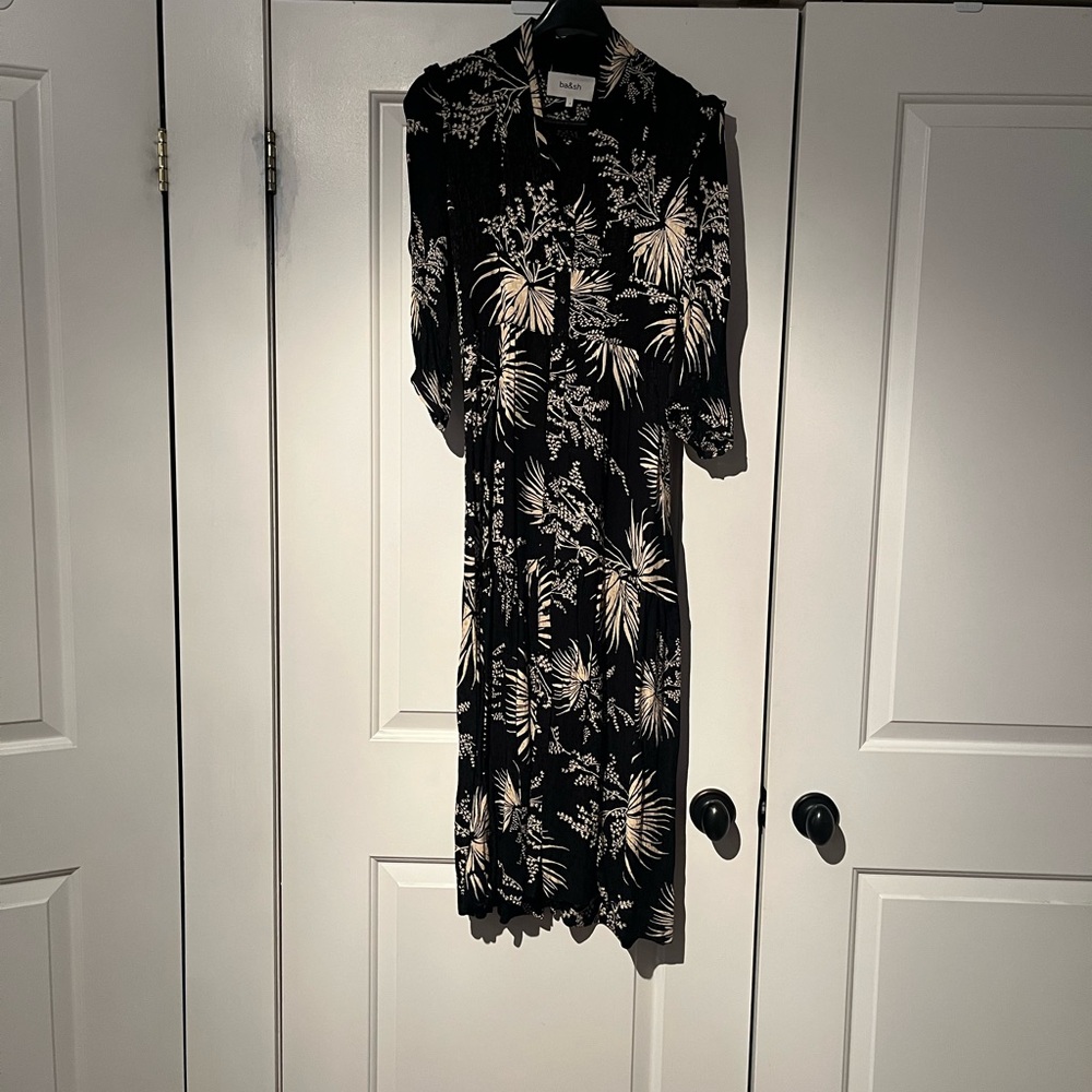 ba&sh Black Midi Sheath Dress with Long Cuffed Sleeves and V-Neck